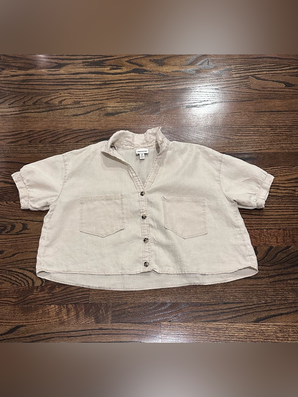 Industry Cropped Button-Front Linen Shirt with feminine puff sleeves